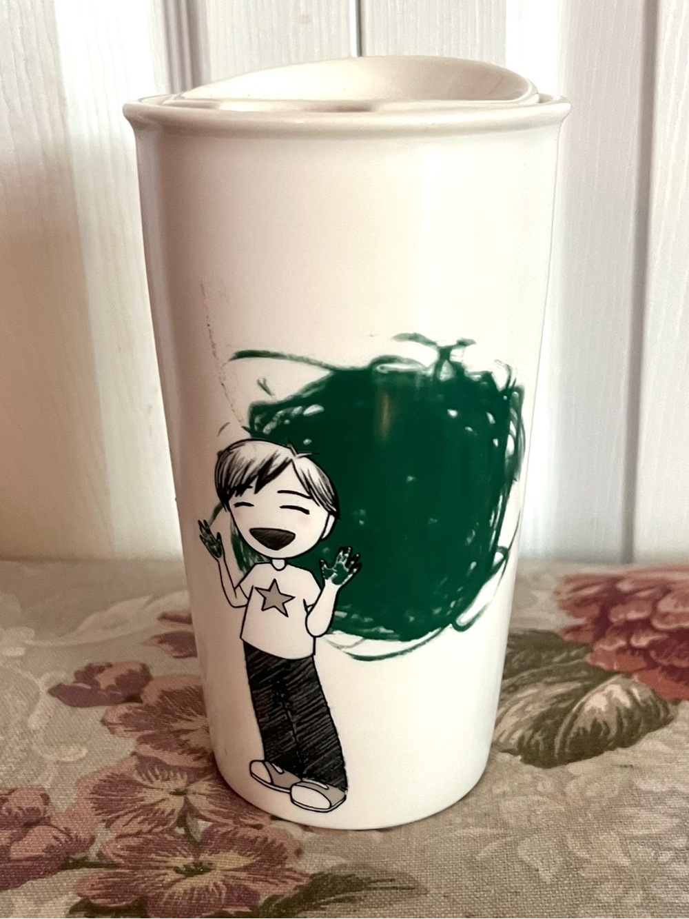 Rare Starbucks 2015 Dot Collection "Boy Painter" Ceramic Travel Tumbler 🎨💚